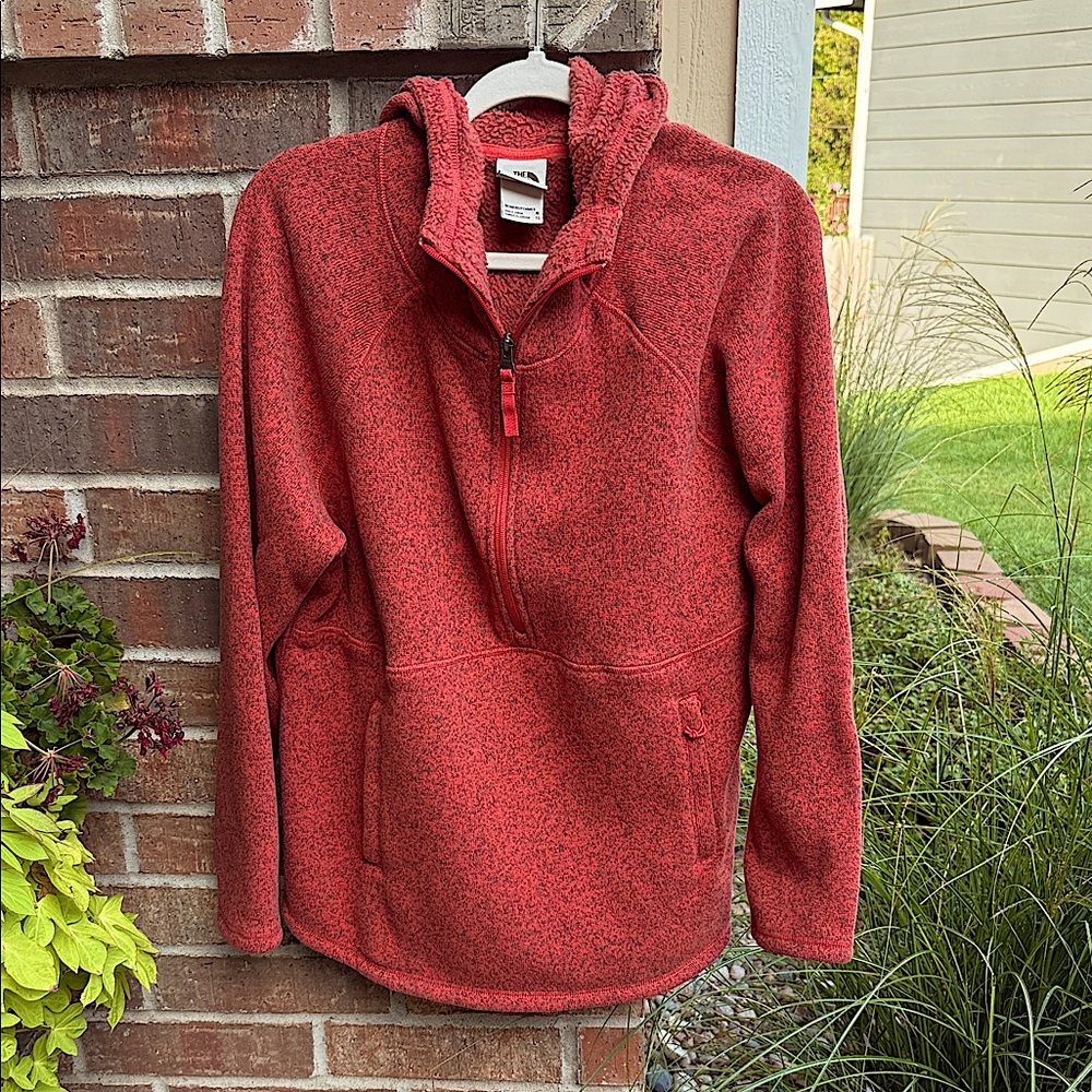 The North Face Women's XL Dark Orange & Gray Hooded Poly blend Fleece Pullover